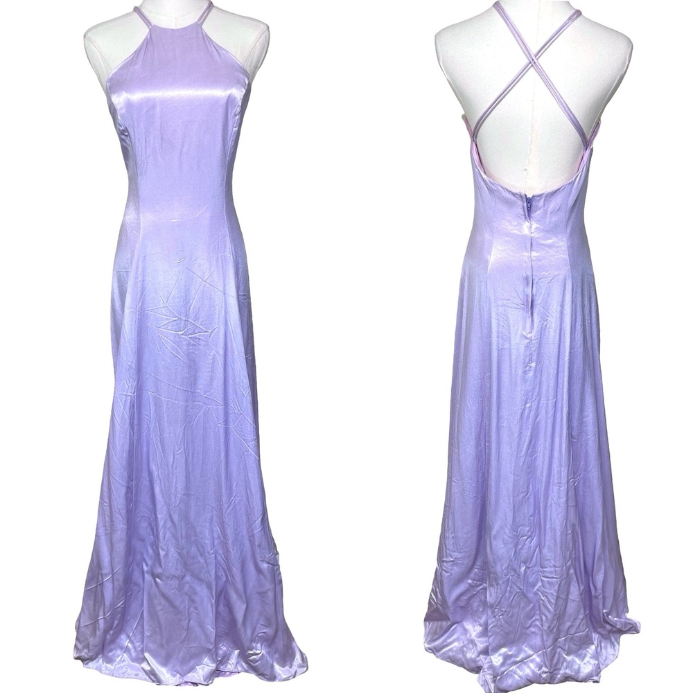 Vintage Nadine Satin Halter Maxi Dress Womens 9 Lavender Purple Prom Y2K 90s